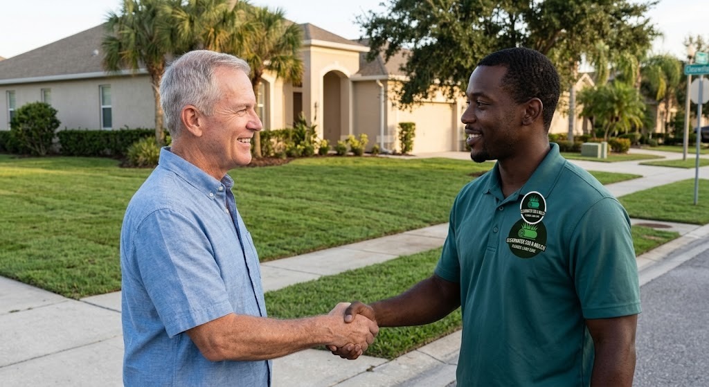 Clearwater Sod & Mulch technician talking with a homeowner about their lawn