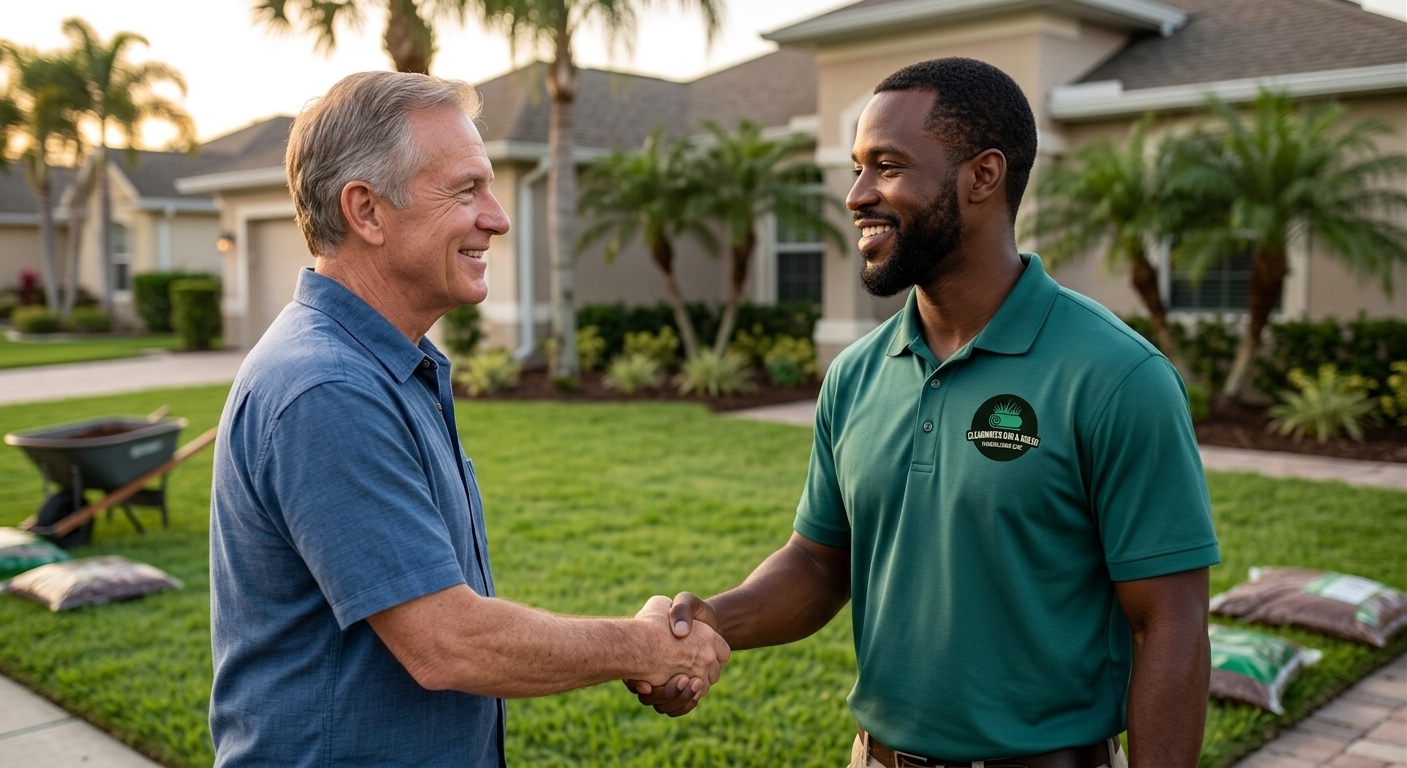 Crew and homeowner walking a finished sod lawn together in Clearwater