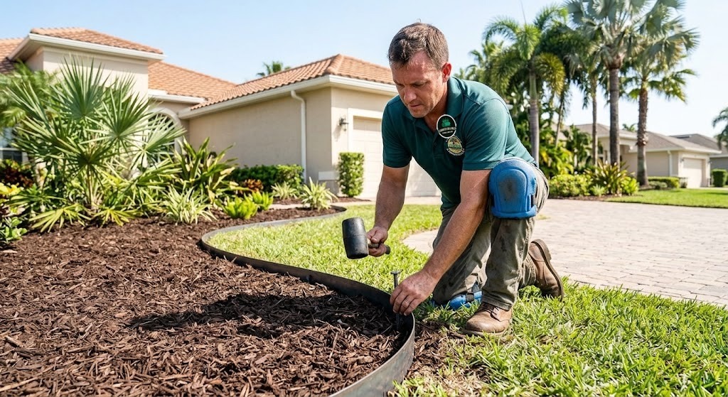 Landscaper kneeling in knee pads to install steel landscape edging with a mallet in Clearwater, FL
