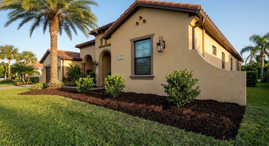 Freshly mulched planting bed with new shrubs, serving Largo, FL