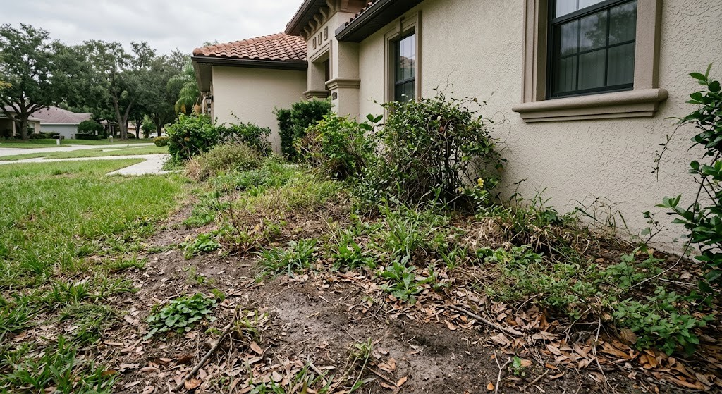 Weedy, bare planting bed with no mulch before installation in a Clearwater, FL yard