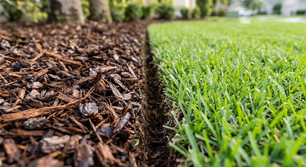 Clean paver edging separating a St. Augustine lawn from a mulched bed in Pinellas County