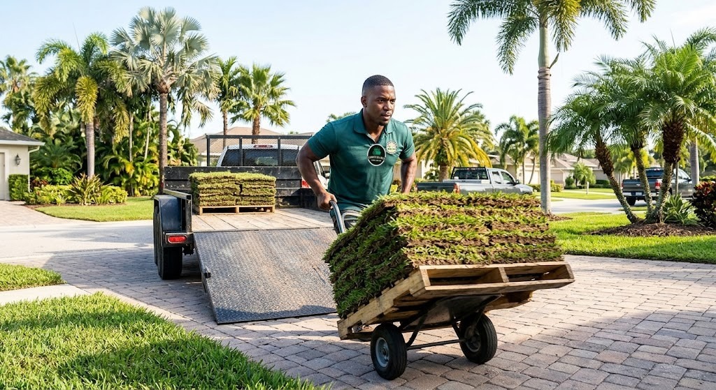 Clearwater Sod & Mulch crew moving fresh sod pallets on a job site