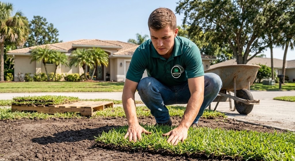 Crew installing fresh sod on a lawn in Pinellas County