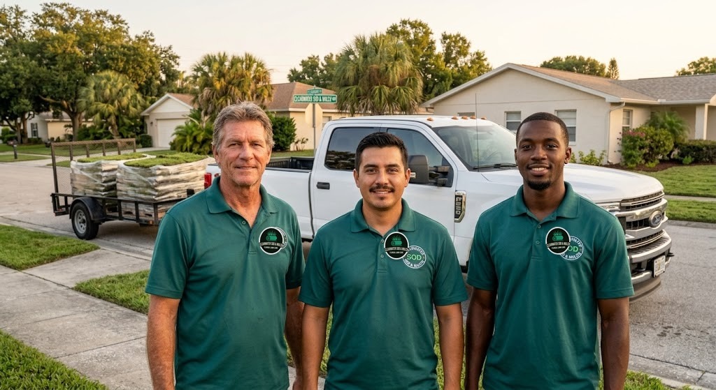 The Clearwater Sod & Mulch crew standing with their truck and sod pallets