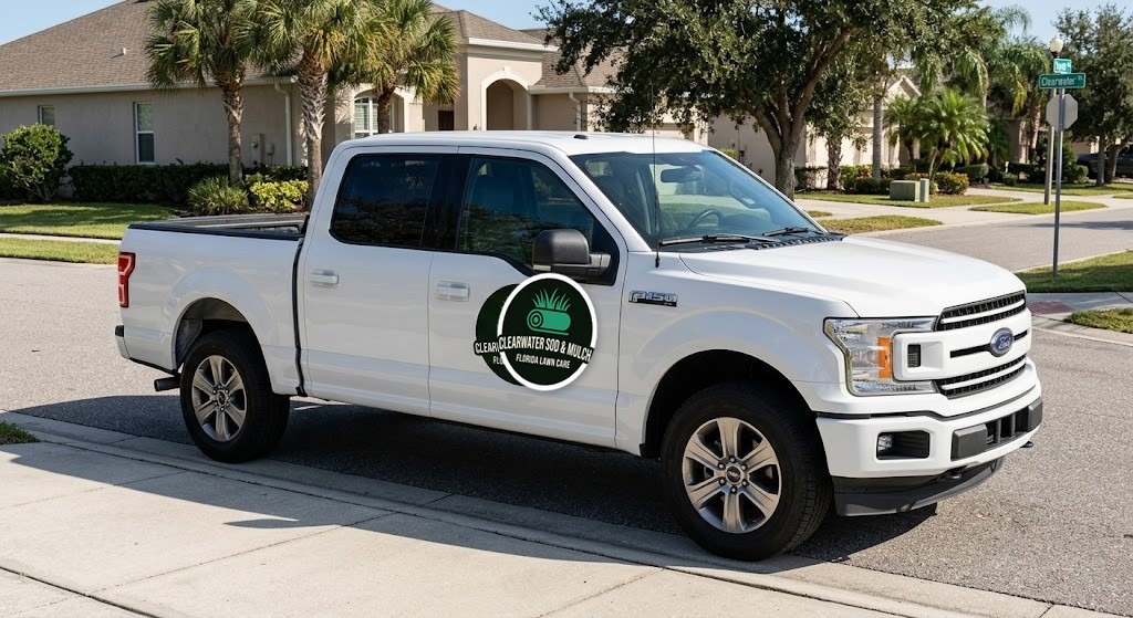 Flatbed truck loaded with sod pallets during a delivery run in Pinellas County, Florida