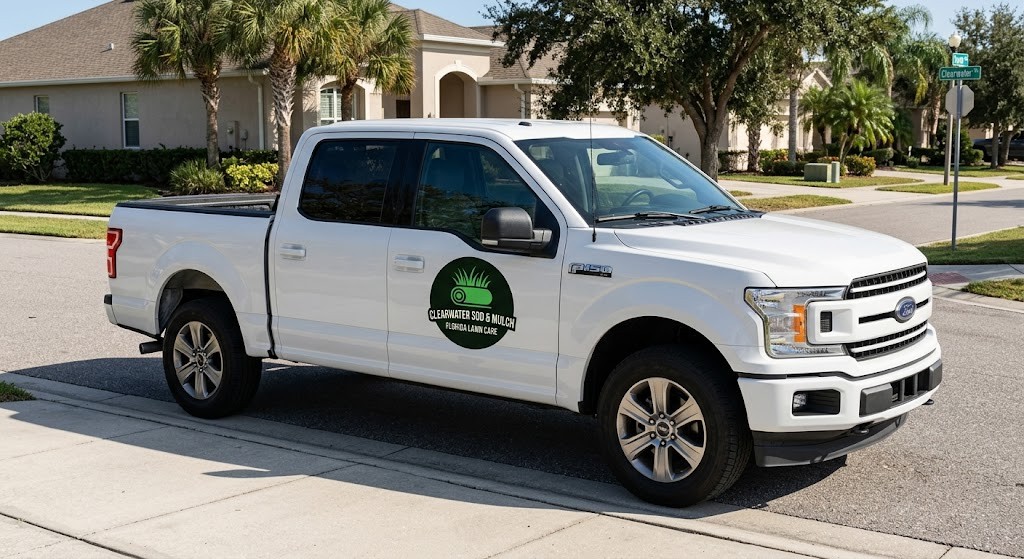 Flatbed truck loaded with sod pallets during a delivery run in Pinellas County, Florida